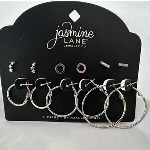 Jasmine Lane Silver Earrings Set 6 Pairs Hoops Studs Hypoallergenic‎ NEW